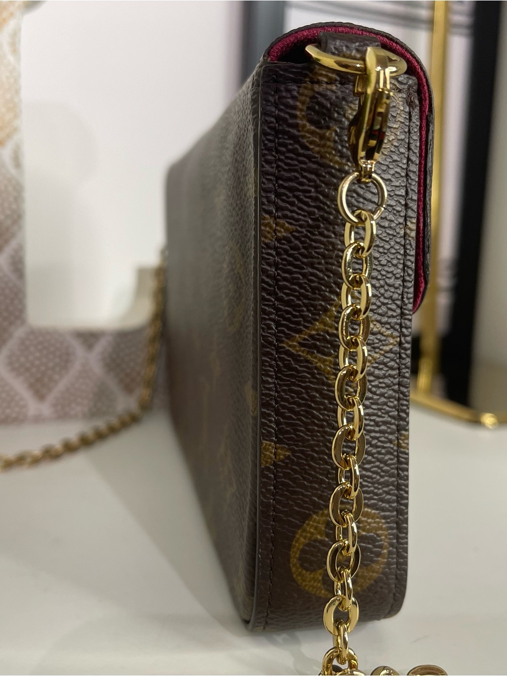 Louis Vuitton Brown Monogram Felicie Pouchette w/ Gold Chain - Picture 3 of 7